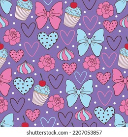 Seamless vector pattern with hand drawn cute cupcakes, flowers, and bows and outlined hearts on purple background with white dots. Cute St. Valentine's Day texture design.