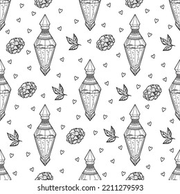 Seamless vector pattern with hand drawn outlined magic potion bottles with flowers, leaves and little hearts on white isolated background. Beautiful witchy texture.