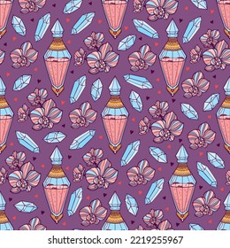 Seamless Vector Pattern With Hand Drawn Crystal Shaped Bottles With Potion, Whimsical Crystals And Orchids On Purple Background With Little Hearts. Beautiful Witchy Background