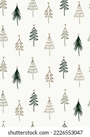 Seamless Vector Pattern With Hand Drawn Christmas Trees On Off-White Background. Ideal For Textile And Fabric Prints Or Wrapping Paper.