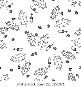 Seamless vector pattern with hand drawn outlined acorns and oak's leaves.