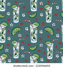 Seamless vector pattern with hand drawn mojito cocktails, white and red flowers and slices of limes on grey green background. Cool summer texture with tropical drinks.