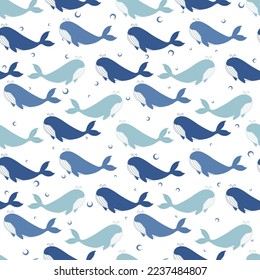 Patrón vectorial sin mar con ballenas dibujadas a mano y burbujas