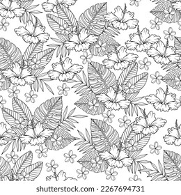 Seamless vector pattern with hand drawn outlined hibiscus, plumeria and tropical leaves on white background. Beautiful summer texture.
