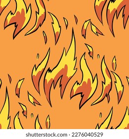 Seamless vector pattern with hand drawn image of fire flame, bonfire with sparks on orange background.