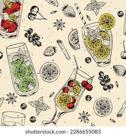 Seamless vector pattern with hand drawn mojito cocktails, lemonades. Cool summer texture with tropical drinks.