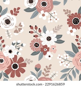 Seamless vector pattern with hand drawn cute vintage flowers. Perfect for textile, wallpaper or nursery print design.