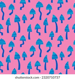 Seamless vector pattern of hand drawn cute psychedelic mushrooms. Design of repeating  magic mushrooms for printing scrapbooking paper, fabric, wallpapers, backgrounds. 