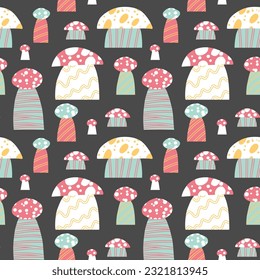 Seamless vector pattern of hand drawn cute psychedelic mushrooms. Design of repeating  magic mushrooms for printing scrapbooking paper, fabric, wallpapers, backgrounds. 