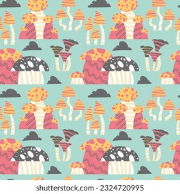 Seamless vector pattern of hand drawn cute psychedelic mushrooms. Design of repeating  magic mushrooms for printing scrapbooking paper, fabric, wallpapers, backgrounds. 