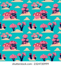 Seamless vector pattern of hand drawn cute psychedelic mushrooms. Design of repeating  magic mushrooms for printing scrapbooking paper, fabric, wallpapers, backgrounds. 