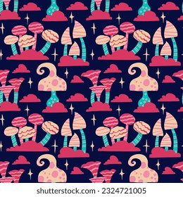 Seamless vector pattern of hand drawn cute psychedelic mushrooms. Design of repeating  magic mushrooms for printing scrapbooking paper, fabric, wallpapers, backgrounds. 