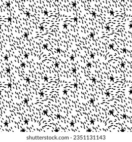Seamless vector pattern. Hand drawn strokes, stars in doodle style on a white background. Black contour. Design for backgrounds, wallpapers, packaging