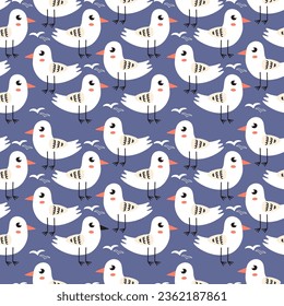 Seamless vector pattern with hand drawn seagulls. Background for fabric design. Childish backgrounds in flat design