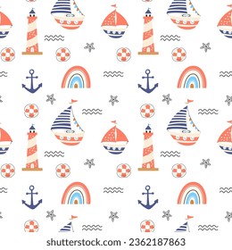 Seamless vector pattern with hand drawn sailing yachts, lighthouses and anchors. Summer bright background for fabric design. Design for kids