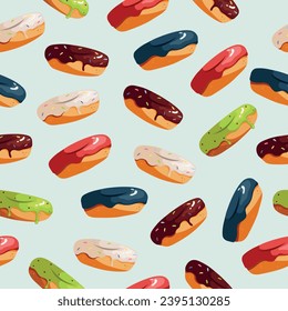Seamless vector pattern with hand drawn glazed donuts in cartoon style. Yummy background. Backdrop for wallpapers, banner, wrapping paper and textile