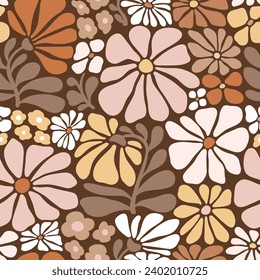 Seamless vector pattern with hand drawn groovy vintage flowers. Perfect for textile, wallpaper or print design.
