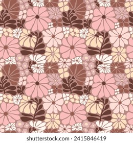 Seamless vector pattern with hand drawn groovy vintage flowers. Perfect for textile, wallpaper or print design.
