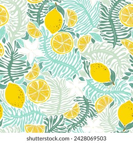 Seamless vector pattern with hand drawn abstract plants, exotic flowers and lemons isolated on white background. Illustration template for fashion prints, fabric, wallpaper, card