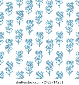 Seamless vector pattern with hand drawn blue flowers on white isolated background. Beautiful floral texture.