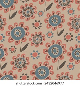 Seamless vector pattern with hand drawn sunflowers o n beige background. Simple retro flower meadow wallpaper design. Decorative floral fashion textile.