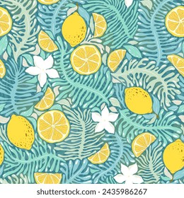 Seamless vector pattern with hand drawn abstract plants, exotic flowers and lemons isolated on white background. Illustration template for fashion prints, fabric, wallpaper, card