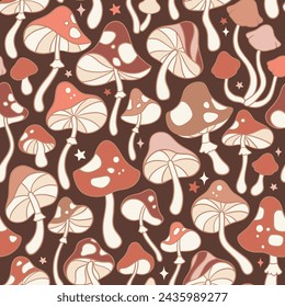 Seamless vector pattern with hand drawn groovy vintage and mushrooms and stars. Perfect for textile, wallpaper or print design.