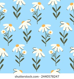 Seamless vector pattern with hand drawn chamomile flowers. Daisy background. Country cottagecore floral texture for wallpaper, wrapping paper, textile design