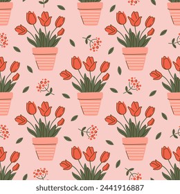 Seamless vector pattern with hand drawn tulip flowers. Red bouquet background. Spring and summer garden plant. Cartoon flowerpot texture for wallpaper, wrapping paper, textile design