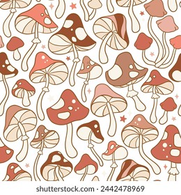 Seamless vector pattern with hand drawn groovy vintage and mushrooms and stars. Perfect for textile, wallpaper or print design.