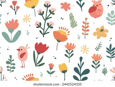 Seamless vector pattern with hand drawn chicken and flower. Trendy baby texture for fabric, textile, wallpaper, apparel, wrapping