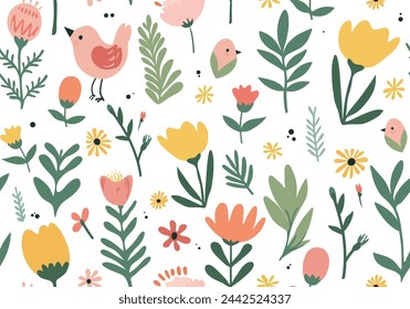 Seamless vector pattern with hand drawn chicken and flower. Trendy baby texture for fabric, textile, wallpaper, apparel, wrapping