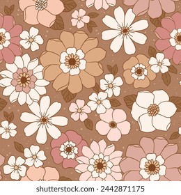 Seamless vector pattern with hand drawn decorative vintage groovy flowers. Perfect for textile, wallpaper or print design.