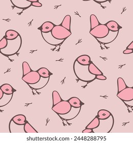Seamless vector pattern with hand drawn birds on pink background. Simple cute animal wallpaper design. Decorative sparrow fashion textile.