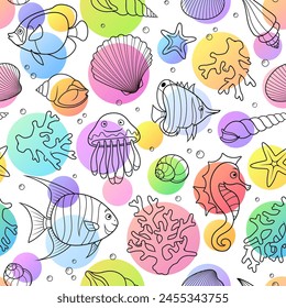 Seamless vector pattern with hand drawn underwater creatures tropical fish, seahorse, starfish, jellyfish and corals.