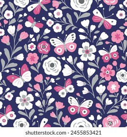 Seamless vector pattern with hand drawn flowers and butterflies. Perfect for textile, wallpaper or print design.