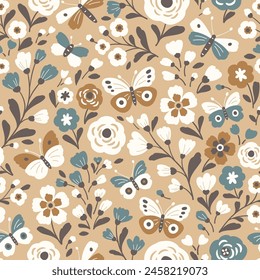 Seamless vector pattern with hand drawn flowers and butterflies. Perfect for textile, wallpaper or print design.