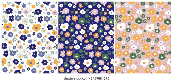 Seamless Vector Pattern with Hand Drawn Flowers. Infantile Style Print with Abstract Garden, Floral Wallpaper.  Tiny Colorful Wild Flowers Isolated on a White, Dark Blue and Pastel Pink Background.