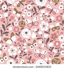 Seamless vector pattern with hand drawn flowers and butterflies. Perfect for textile, wallpaper or print design.