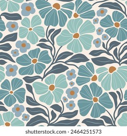 Seamless vector pattern with hand drawn groovy vintage flowers. Perfect for textile, wallpaper or print design.