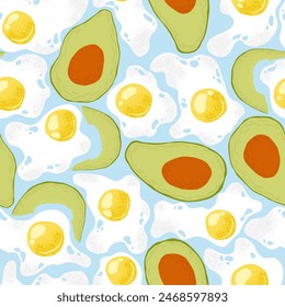 Seamless vector pattern with hand drawn abstract fried eggs and avocados isolated on light blue background. Food illustration template for home decor print, fabric, card, invitation, menu