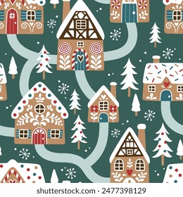 Patrón de Vector sin costuras con casas de pan de jengibre dibujado a mano y árboles de Navidad. Paisaje nevado con pueblo de invierno. Perfecto para el diseño textil, de Fondo de pantalla o de impresión.