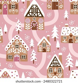 Seamless vector pattern with hand drawn gingerbread houses and Christmas trees. Snowy landscape with winter village. Perfect for textile, wallpaper or print design.