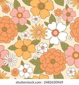 Seamless vector pattern with hand drawn decorative vintage flowers. Retro groovy floral background. Perfect for textile, wallpaper or print design.