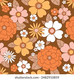 Seamless vector pattern with hand drawn decorative vintage flowers. Retro groovy floral background. Perfect for textile, wallpaper or print design.