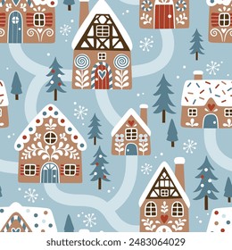 Nahtloses Vektorgrafik-Muster mit handgezeichneten Lebkuchenhäusern und Weihnachtsbäumen. Schneelandschaft mit Winterdorf. Perfekt für Textil-, Bildschirmhintergrund- oder Druckdesign.