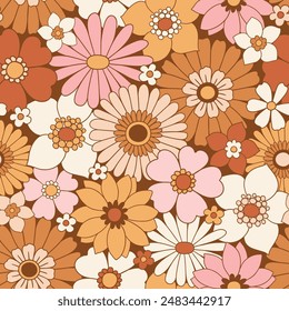 Seamless vector pattern with hand drawn decorative vintage flowers. Retro groovy floral background. Perfect for textile, wallpaper or print design.