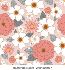 Seamless vector pattern with hand drawn decorative vintage flowers. Retro groovy floral background. Perfect for textile, wallpaper or print design.