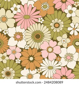 Patrón de Vector sin costuras con flores vintage decorativas dibujadas a mano. Fondo floral retro groovy. Perfecto para el diseño textil, de Fondo de pantalla o de impresión.