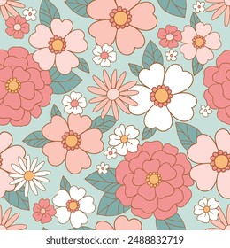 Seamless vector pattern with hand drawn decorative vintage flowers. Retro groovy floral background. Perfect for textile, wallpaper or print design.